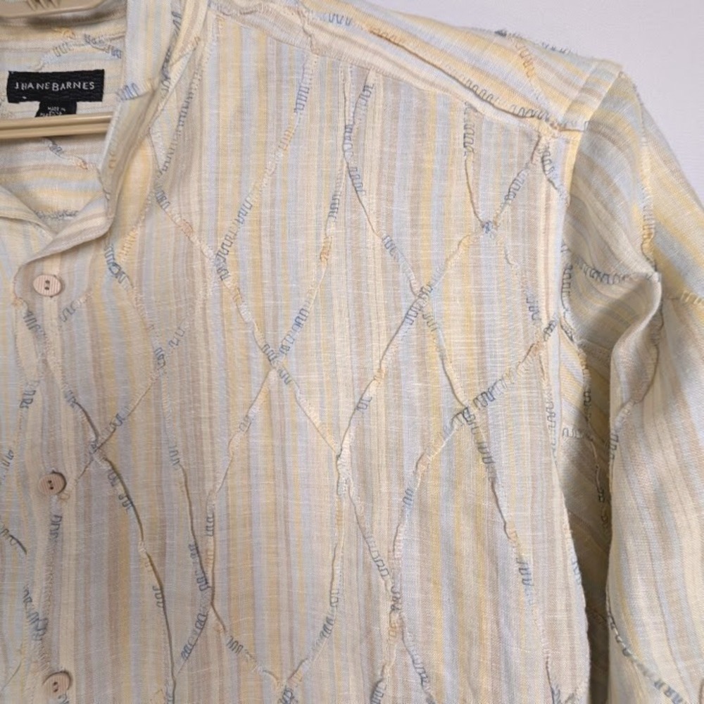 Jhane Barnes Button Up Shirt Mens XXL Yellow Textured Diamond Stripe Long Sleeve